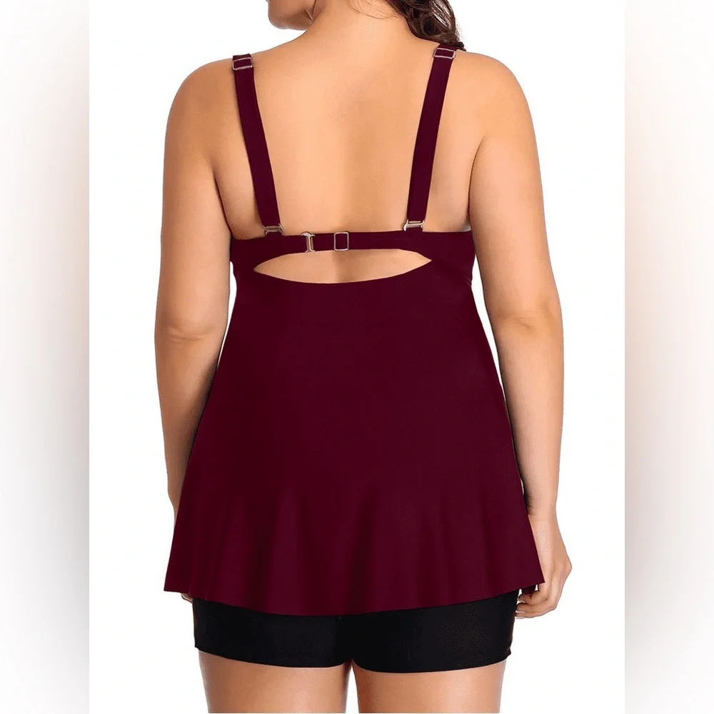 Plus Size Burgundy Tankini Top Swim Bikini - Elegant Ruched Front